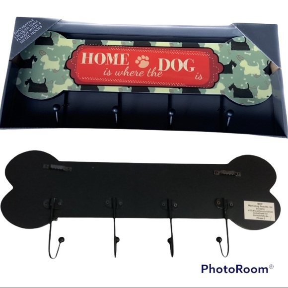 Scottie Dog Bone Shape Hook Rack Lacquer Plaque 4 Metal Hooks 7” x 16” - Picture 1 of 4